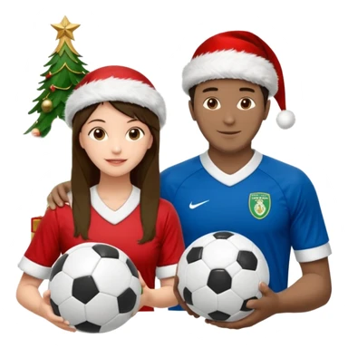 3 atletas, um homem no meio e duas mulheres com cores de pele diferentes, usando elementos esportivos, bola de futebol, luvas de luta e bola de vôlei. Coloque um chapéu de papai noel das cores verde e com uniforme azul e branco sticker