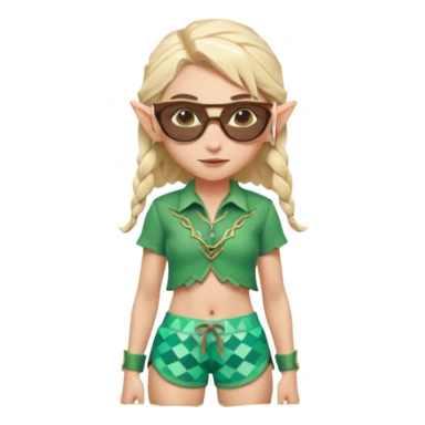 elf female legolas portrait, patterned board shorts (geometric/abstract), unique wooden-framed sunglasses, undercut hairstyle, slight smirk, visible pointy ears, no background, centered emoji, hipster summer vibe coctails  sticker