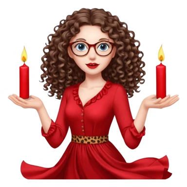 a blue eyed woman with very long brunette curly hair, full lips,and really pale skin. She is wearing a leopard printed thin round-ish glasses . She is wearing fully plain silky red dress. She is flying on the air. There are red candles in her hands. She is making a magic. sticker