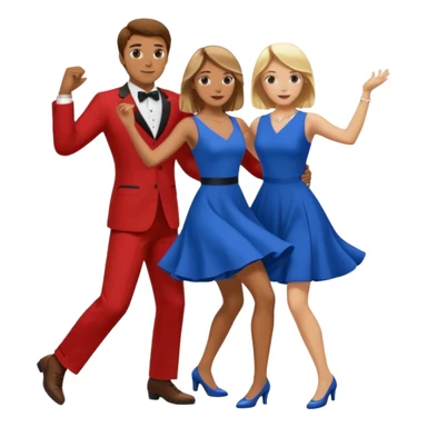 Two people. Man wearing all  RED with brown hair. Women  ALL blue with blond hair. Swing Dancing.  sticker