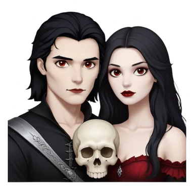 white girl with black hair and slightly dark red at the end, with brown eyes and red lips, with a strong cheekbones and strong face features, standing with white, slightly dark guy, with very (brown long fluffy hair), and grey eyes, with also strong skull and cheekbones. they must be the same height sticker