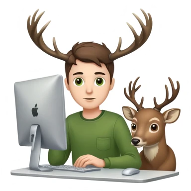 White Guy works at computer with deers antlers, green clothes, brown eyes  sticker