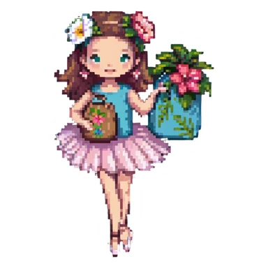 girl with a Hawaiian flower in her hair, wearing ballet heels, doing ballet with a bag sticker