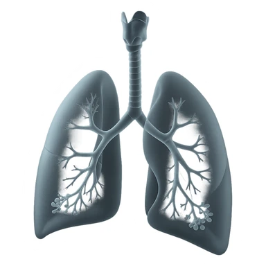 Expand the human respiratory system illustration in matte glass style to include more anatomical features: nasal cavity, pharynx, larynx, trachea, bronchi, bronchioles, alveoli, and both lungs. Maintain the translucent, frosted glass effect, keeping the illustration clean and educational. sticker