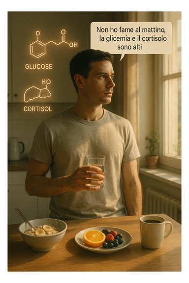A realistic, cinematic illustration of a man in his early 30s with a lean, healthy build, standing calmly in a bright, minimal kitchen in the early morning. On the kitchen table, there is a prepared but untouched healthy breakfast (oatmeal, fruit, coffee). The man, with a neutral and focused expression, holds a glass of water while looking out of the window where morning sunlight enters. Above him, subtle glowing medical icons display: a glucose molecule, a cortisol hormone symbol, and a liver icon, indicating high morning blood sugar and cortisol levels. A small speech bubble or text overlay says: ‘Non ho fame al mattino, la glicemia e il cortisolo sono alti.’ The scene conveys a sense of calm, clarity, and body awareness, showing that the man consciously avoids breakfast due to physiological signals rather than restrizione. The style is realistic, warm, with a slight film grain, emphasizing health and conscious self-regulation. in italiano sticker