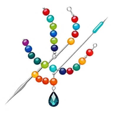 Create a harmonious and well-composed icon that represents the hobby of beadwork. The design should feature colorful beads, thread, and a beading needle or tool in a balanced arrangement. The elements should flow naturally, reflecting the creativity and precision of the craft. Ensure the composition is clean and aesthetically pleasing, with vibrant yet balanced colors. The background should be transparent. sticker