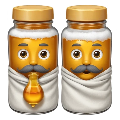 Garama and Madundung are together a gray container of salt and a honey container with a cloth on top. They each have eyes with white in the middle, a mouth, nose, and mustache both customary to their colors. They have hairy legs and emit an aura of salt (Garama), and honey (Madundung). sticker