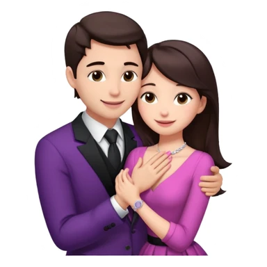 Brunette girl, with an engagement ring on her finger hugging a handsome man, (her boyfriend) both of them happy, she’s wearing a pink dress, he is wearing a black suit, he’s also a rich businessman, and there is the 💜 purple heart emoji on top. They look in love with each other.  sticker