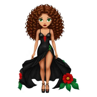 green eyes brown long curly hair evil siren woman,with 7 inch platform stripper high heels black glitter dress, Los Angeles Spanish style black outfit sticker