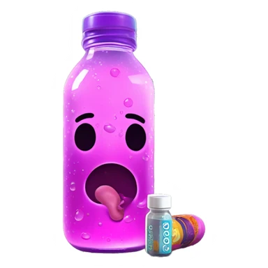 A pink baby bottle with purple sparkly liquid with ice, labeled "GOOGOO ZAZA" and pills left by trash in apartment with floor to ceiling windows in sci-fi city streets, dark, neon, ultra realistic, glossy, after rain, sunshine, vhs sticker