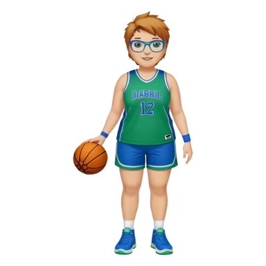 Full Body plus size white female basketball player with short light brown hair with carmel highlights spike hair wearing blue glasses 
 wide nose wearing blue green uniform  green sneakers smiling  sticker