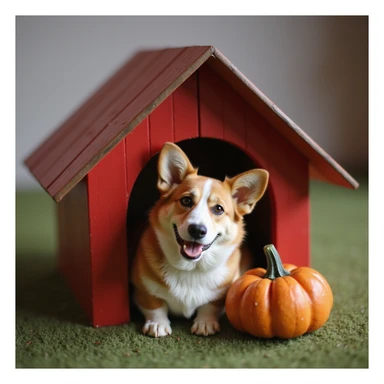 realistic red dog house with a Corgi dog inside, Corgi with a pumpkin, photorealistic style sticker