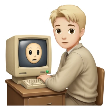Young man sitting at a very old desktop computer from the 1990s with CRT monitor and beige tower sticker