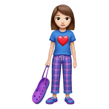a floating purple heart next to a girl with brown hair armpit level that is straight wearing a star boy shirt and red plaid pj pants and blue crocs sticker