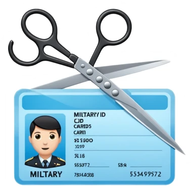 Floating black Scissors cutting a light blue military ID card in 2 parts .hyper realistic sticker