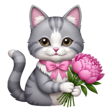 Cute cat Handing pink peonies like reaching a hand and handing them out a bouquet of them not a physical hand the cats hand  make the cat fluffy and grey and white fluffier make the cat wear a pink coquette make her wear a pink coquette sticker