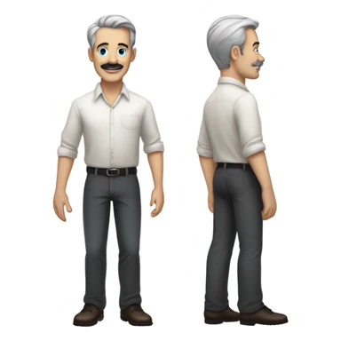 a white man standing  with blue eyes a thick dark brown and grey moustache, down turned black eyebrows and then dark grey hair he’s wearing an expensive watch and a white shirt and black dressy pants with beige loafers he’s looking at her smiling”  sticker