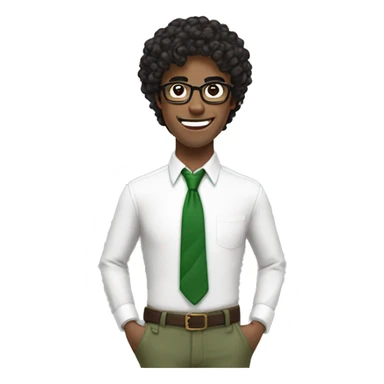 british guy with spectacle, wearing white button up shirt, green pants, red and green tie, brown belt, curly black hair, bad teeth, pointy nose, sticker