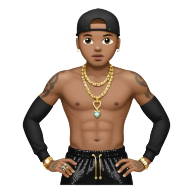 Chris Brown with black sequin baggy pants, shirtless with necklace sticker