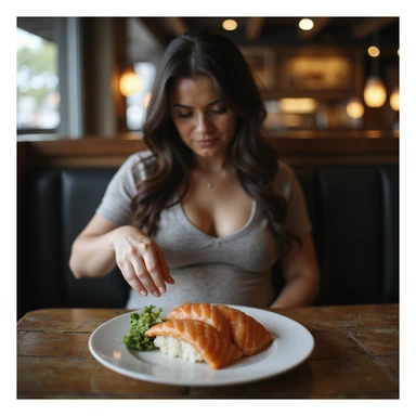 realistic pregnant woman in 4K sitting at a restaurant table, looking at a plate of salmon sushi with a doubtful expression, gently pushing it away sticker