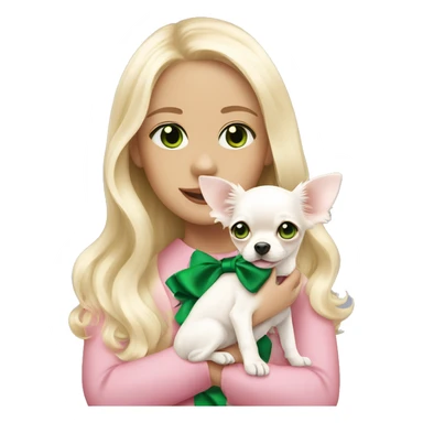 pale blond girl with wavy long platinum hair with green eyes holding a white chihuahua puppy that wearing a pink bow sticker
