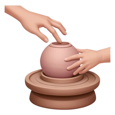 one hand pressing down on a pink ball of clay above an empty pottery wheel, with the clay not touching the wheel surface, hovering slightly above it sticker