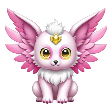 Shiny epic glittery divine white yellow pink animal-fakemon-creature with head-ear-wings, cute, adorable, big eyes sticker