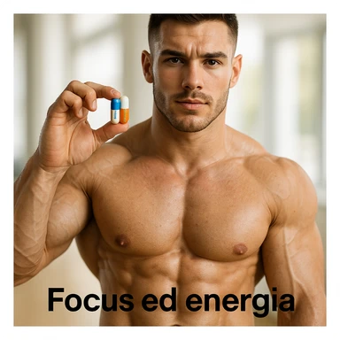 hyper realistic 25 year old bodybuilder showing citicoline and acetylcarnitine, defined muscles, two colored capsules in foreground, text 'Focus ed energia', bright environment sticker