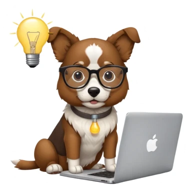 Like a cartoon (make it an intelligent dog with glasses) working with a computer (macbook, showing the apple logo) thinking and a light bulb above his head while he thinks sticker