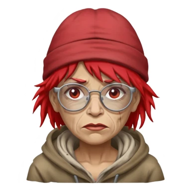 very dirty looking homeless woman with ripped red hat with ugly hair and broken glassess sticker