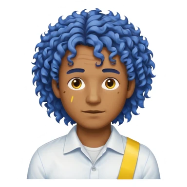 Make me an emoji that has a guy with a white shirt and yellow tape around the shirt with brown and blue spots hair make the hair curly make the yellow tape go around it sticker
