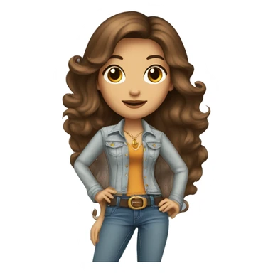 a 70's rockstar woman with bell-bottoms, long brown hair, hazel eyes, a t-shirt tucked into the bell bottom jeans and a belt  sticker