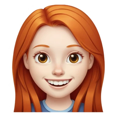 traditional emoji of young girl with very pale skin, long straight bright ginger red hair, regular human eyes (not cat-like), wide nose, big smile with extremely large prominent teeth showing, classic round face sticker