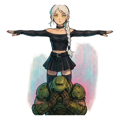  young woman with gold yellow eyes, white hair, long braid, black off-shoulder top, punk gothic style, futuristic cyberwave cyberpunk,, she is calmly t-posing above a cowering doomguy sticker
