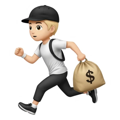 Thief with black cap white t-shirt with black tripes all ower the shirt emoji runing with money bag sticker