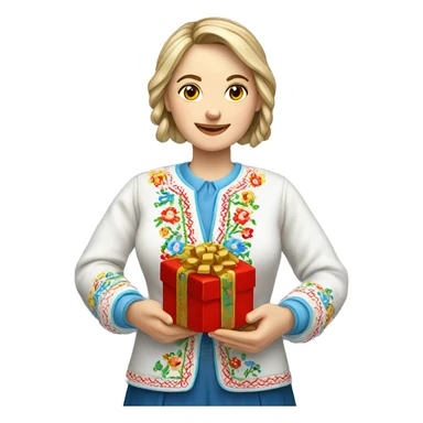 A female teacher in Ukrainian embroidery holds a gift in her hand sticker