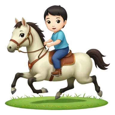 l little chinese baby riding on a  cute horse running really fast on the grass with 2026 year's label sticker