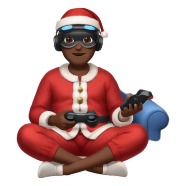Homme noir, week-end détente, avec casque VR et manette PS 2025, assis dans un salon cosy décor Noël. Père Noël à côté, sourire amical, sapin illuminé, guirlandes et cadeaux au sol. Style réaliste, lumineux, ambiance festive & gaming. sticker