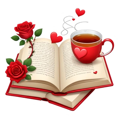Icon for Romance Reading: an open book with a heart-shaped bookmark, surrounded by roses, a love letter, and a cup of tea, with small hearts and Cupid with bow and arrows flying out of the pages. Transparent background. sticker
