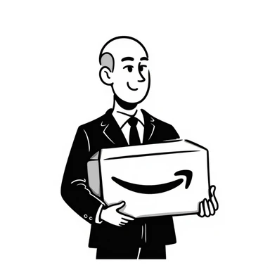 Jeff Bezos as a hand-drawn doodle, bald, business suit, holding an Amazon box sticker