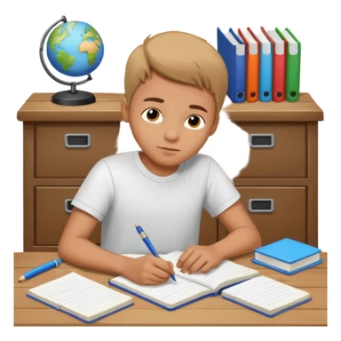 un niño escribiendo en un cuaderno en una mesa con muchas hojas y cuadernos al lado. sticker