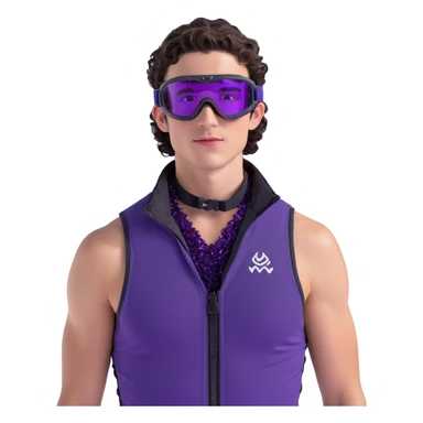 close-up of male athlete with white skin and moderately curly dark brown hair on top with shaved sides, wearing ski goggles with purple frames and very dark black lenses, a simple plain black chain necklace, and a completely unzipped sleeveless vest with purple and black sequin fire pattern design with no logo, with an arrogant smug smirk on his face, looking confident and cocky sticker