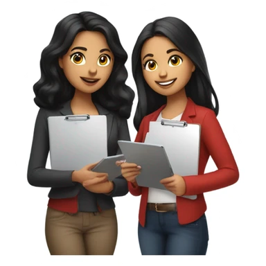 Latina with jet black hair, brunette girl, and bright red hair girl conducting surveys on clipboards and ipads sticker