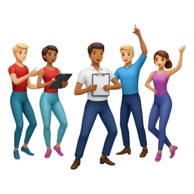 Icon for Choreography: a dance floor with a choreographer holding a clipboard, giving instructions to a group of dancers in motion. The icon should capture the art of movement and direction in dance. Transparent background. sticker