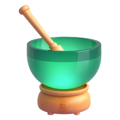 green crystal singing bowl with a wooden mallet inside, glowing effect, simple and modern sticker