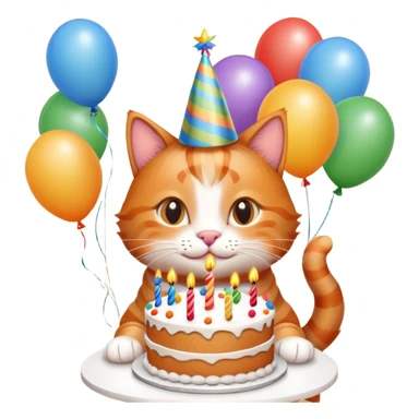 Ginger cat celebrates birthday, birthday hat, birthday cake, balloons, happy sticker