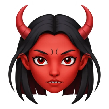 Head only demon girl; face with pronounced cheekbones and angular jaw; skin is uniform pure red (#FF0000) everywhere; long straight smooth black hair; small horns sticker