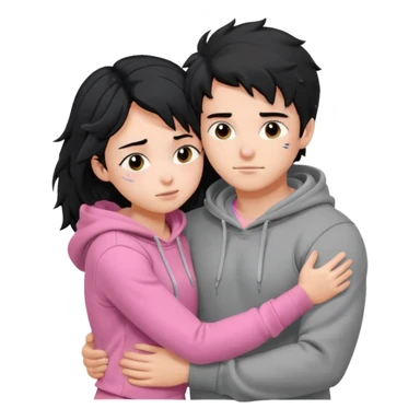 generate a pretty bratz fair skinned boy with messy black hair in a grey hoodie. Hugging his girlfriend who is wearing pink. Make him muscled. Boy in grey hoodie, girl in pink sticker