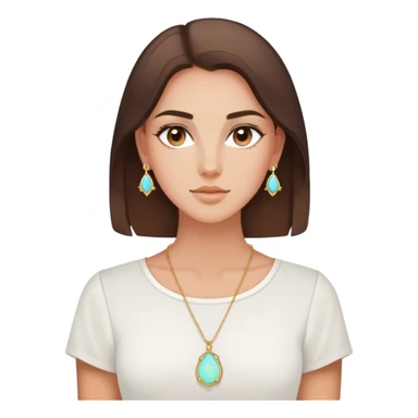 Brunette brown eye little tan white Kendra Scott opal necklace and white shirt sticker