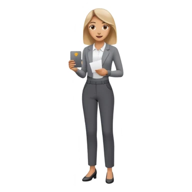 Woman in dark grey trousers holding a card in one hand sticker